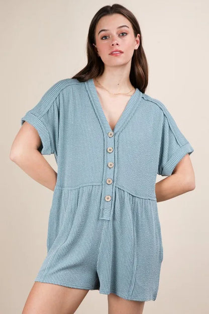 VERY J Two Tone Ribbed Knit Comfy Casual Romper