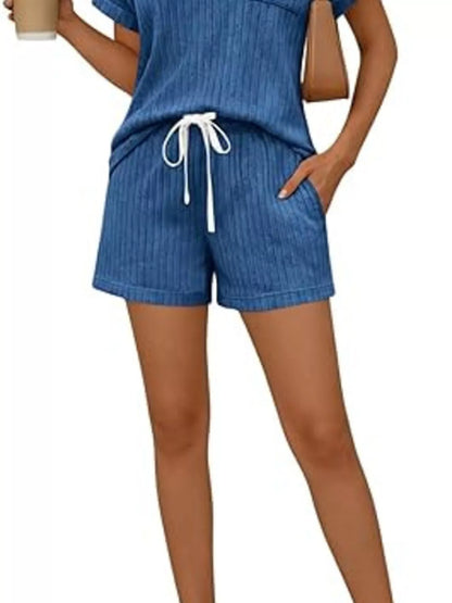 Casual Ribbed Knit Tee and Shorts Set