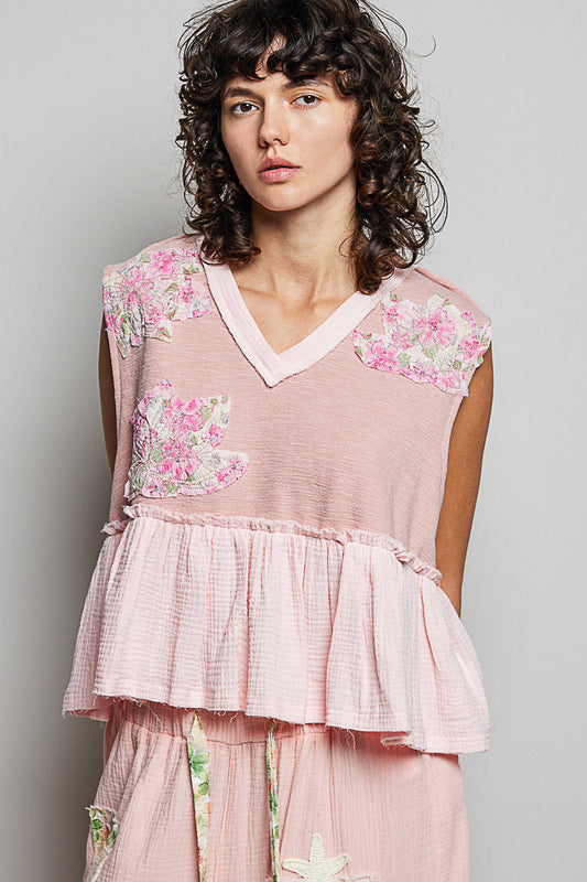 POL Floral Patch Ruffled Sleeveless Top with Raw Edge Detail