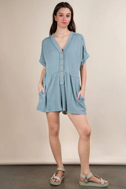 VERY J Two Tone Ribbed Knit Comfy Casual Romper