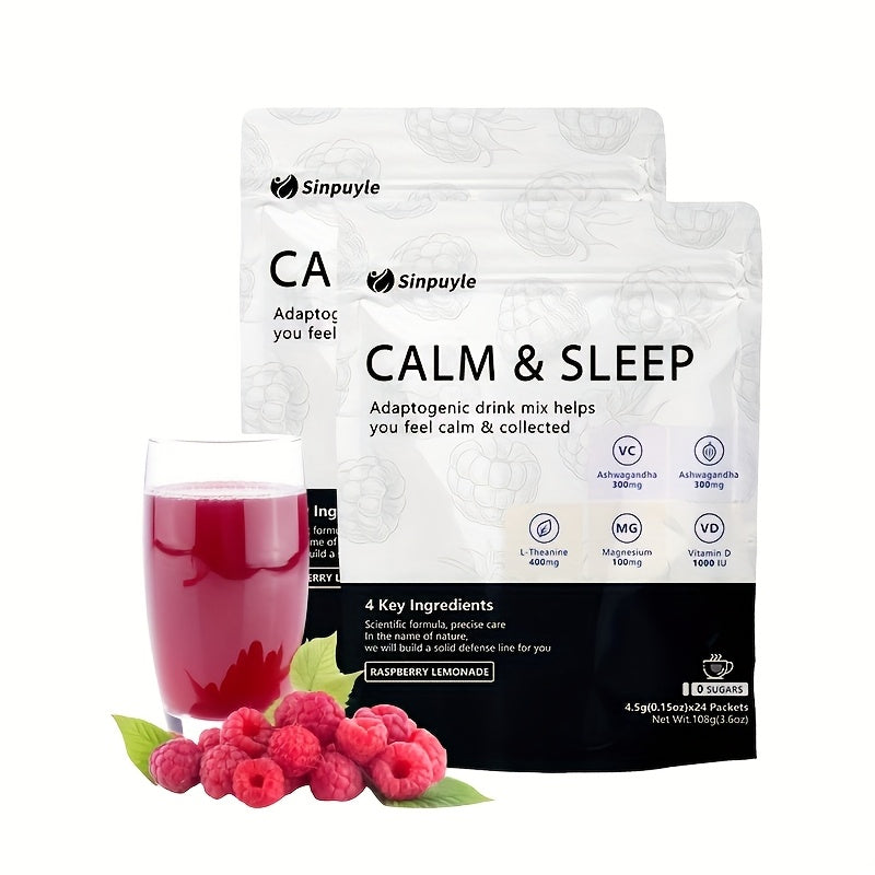 Calm & Sleep Adaptogenic Drink Mix - Raspberry Lemonade, 0 Sugars - L-Theanine, Ashwagandha & Magnesium For Relaxation & Rest, 24 Packets
