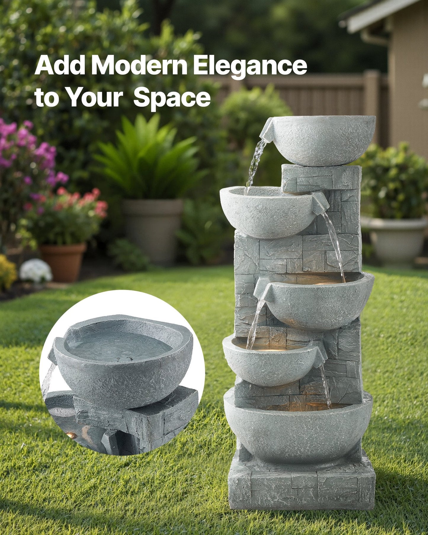 Outdoor Water Fountain 5-Tier Bowl-Shaped Cascading 31.5 In Fountains