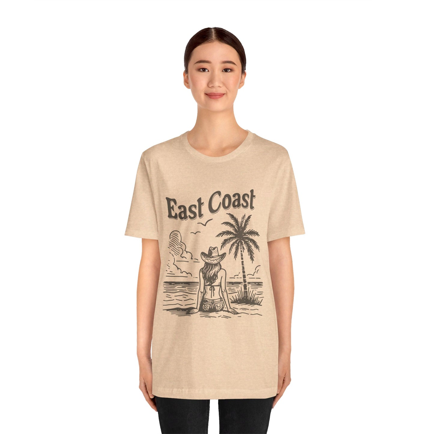 TS-038ML-24 women’s beach sketch shirt beach scene tee for women woman sitting on beach t-shirt beach lover shirt women’s coastal Art graphic tee
