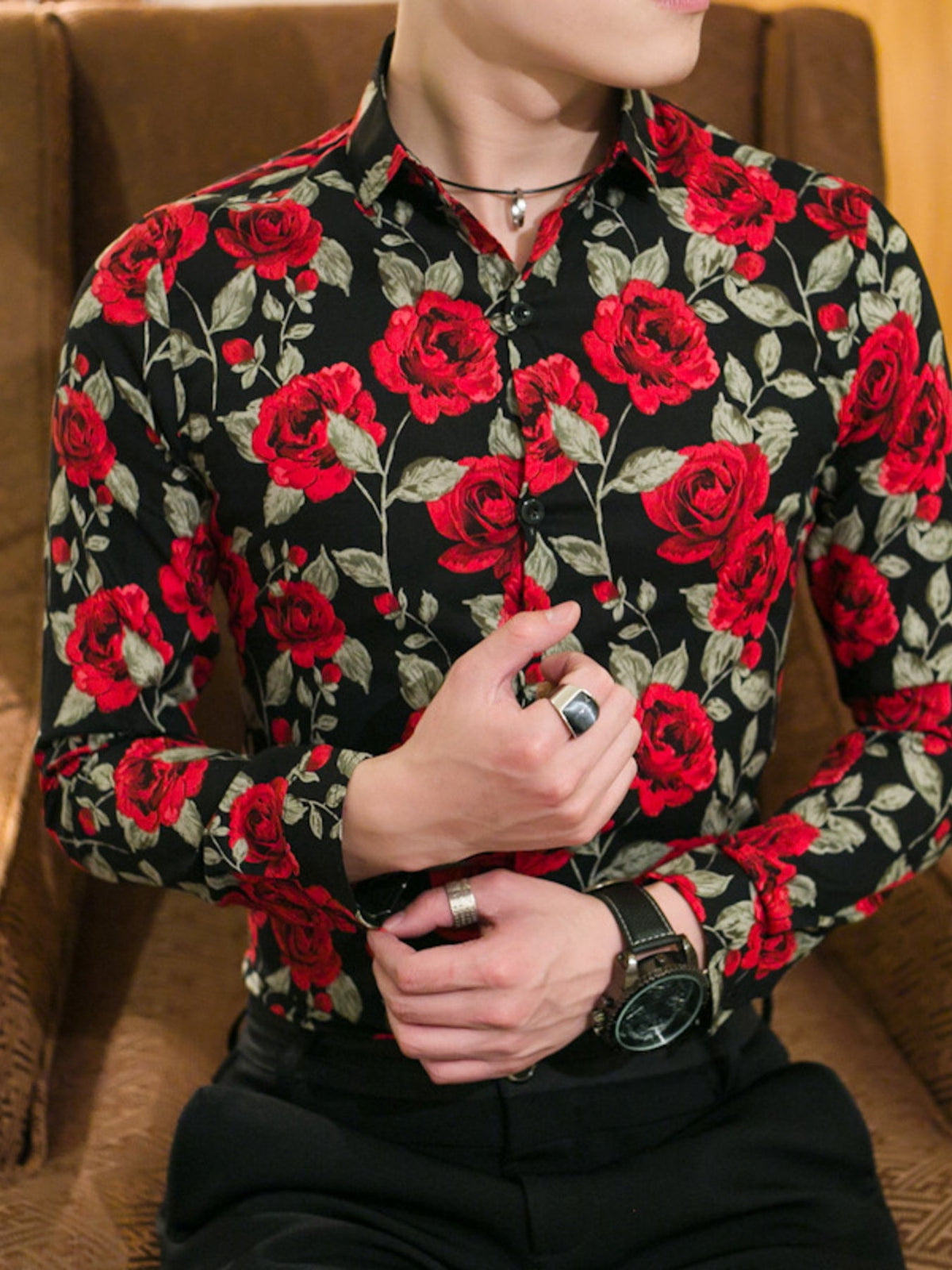Men's Plus Size Floral Print Slim Fit Long Sleeve Shirt