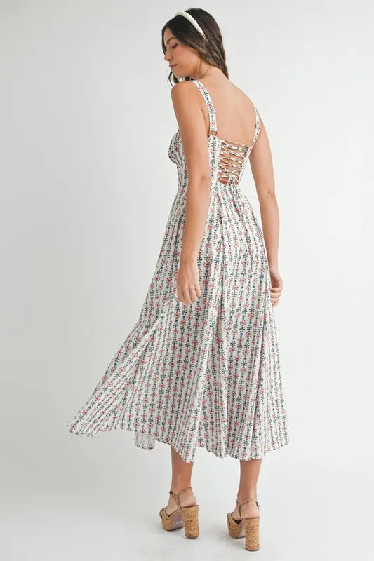 MABLE Floral Print Bustier Back Lace Up Midi Dress