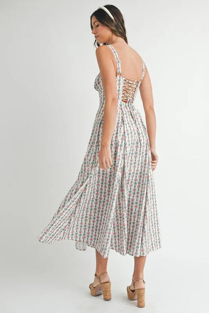 MABLE Floral Print Bustier Back Lace Up Midi Dress