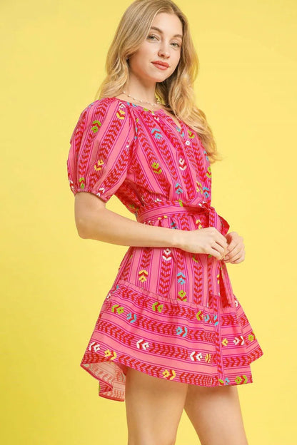 Umgee Printed Tie Waist Puff Short Sleeve Mini Dress