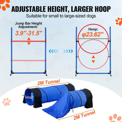 Dog Agility Training Equipment 7 PCS Set W/ Hurdles 2 Tunnels Jump Ring