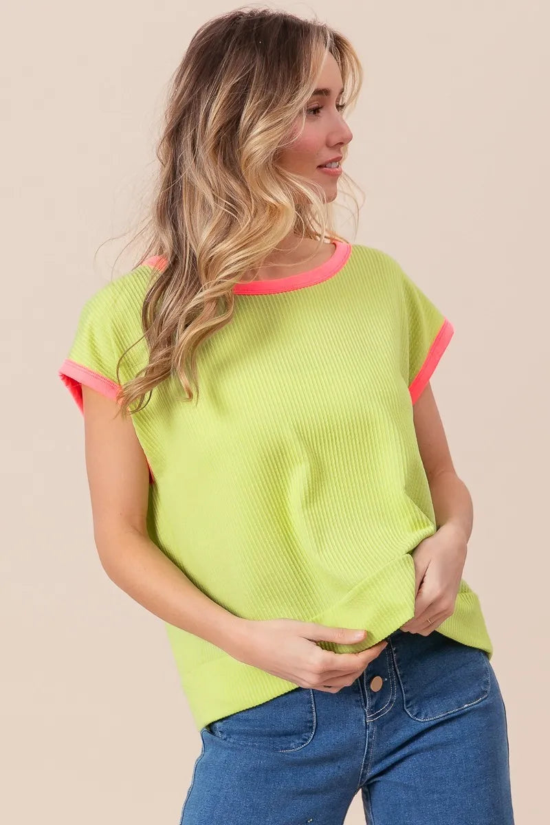 BiBi Cord Rib Knit Contrast Banded Top