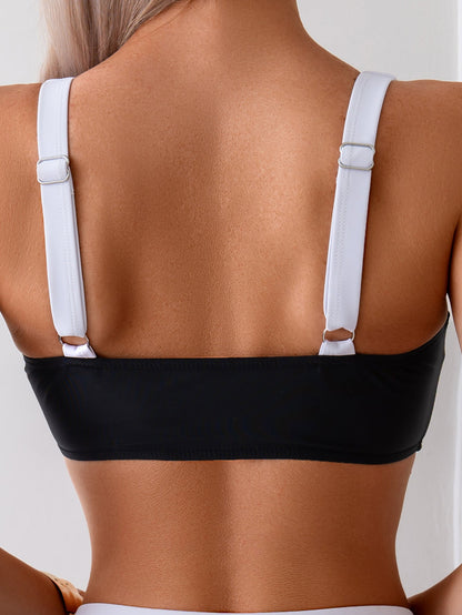 Women's Black And White Color Block Bikini Set, Square Neck Sporty Top & High Waist Bottom, 2 Piece Contrast Trim Swimsuit