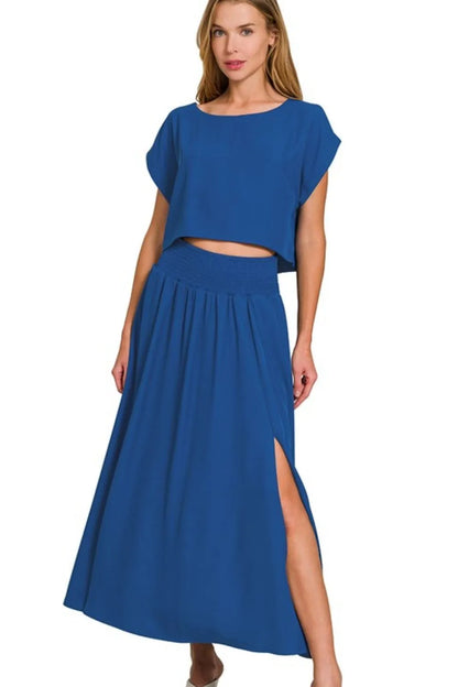 Zenana Heavy Woven Span Crop Tee & Skirt Set