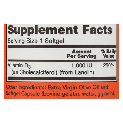 Now Foods Vitamin D-3 1000 IU: Essential Vitamin for Bone and Immune Support - 180 Softgels