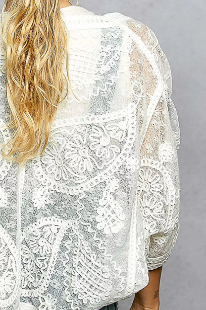 POL Open Front Crochet Cardigan with Floral Embroidery