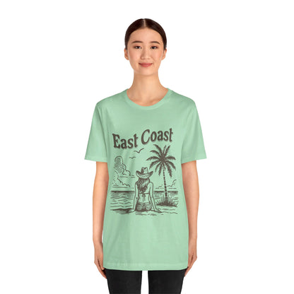 TS-038ML-24 women’s beach sketch shirt beach scene tee for women woman sitting on beach t-shirt beach lover shirt women’s coastal Art graphic tee