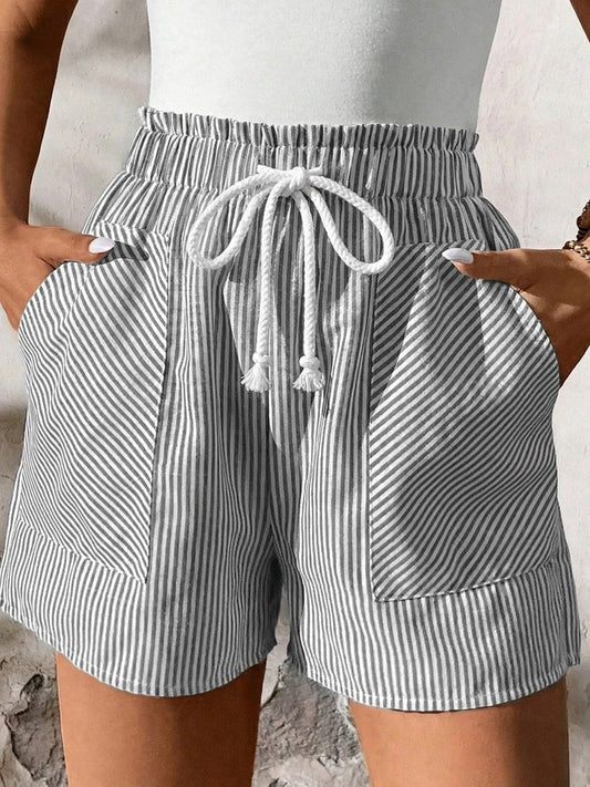 Striped Elastic Waist Drawstring Shorts
