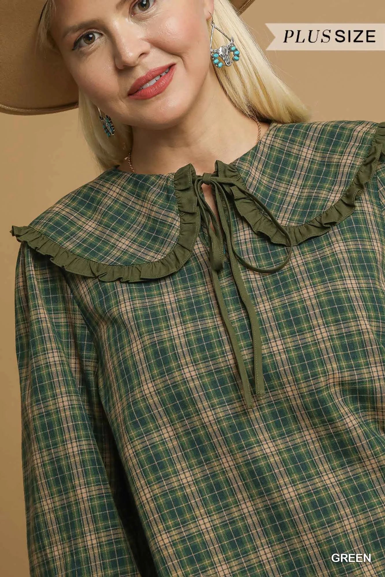 Umgee Full Size Plaid Ruffle Collar Blouse Plus Size