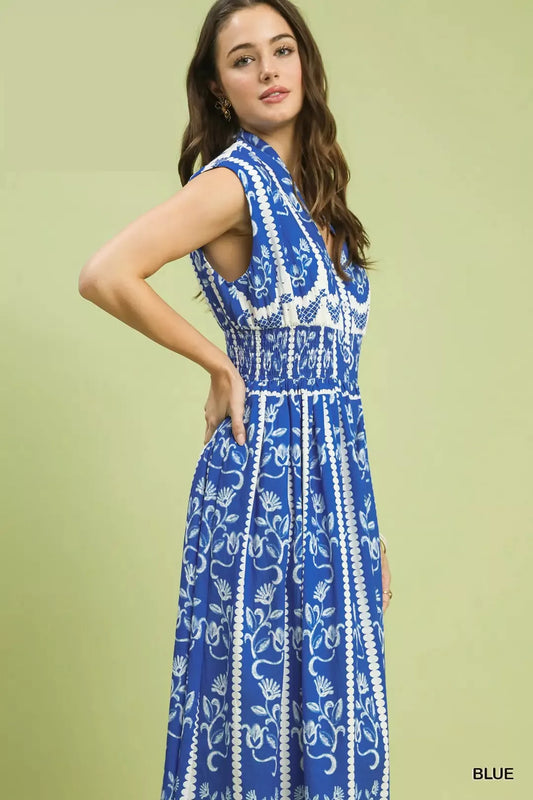 Umgee Sleeveless Smocked Midi Dress