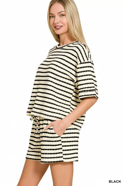 Zenana Striped Short Sleeve Tee & Shorts Set