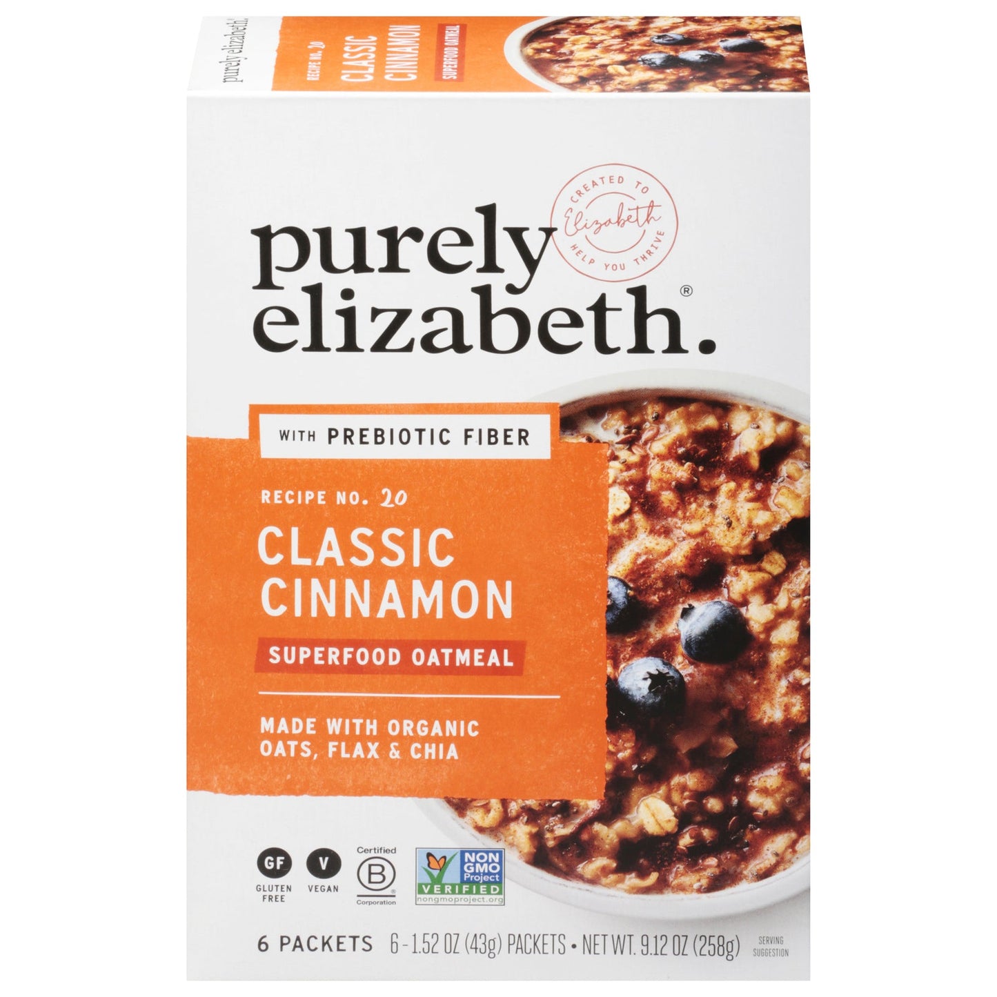 Purely Elizabeth Sugar-Free Classic Cinnamon Oatmeal, 9.12 oz., Pack of 6
