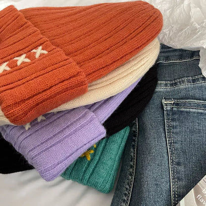 Knitted Beanie Hat with Embroidered Detail