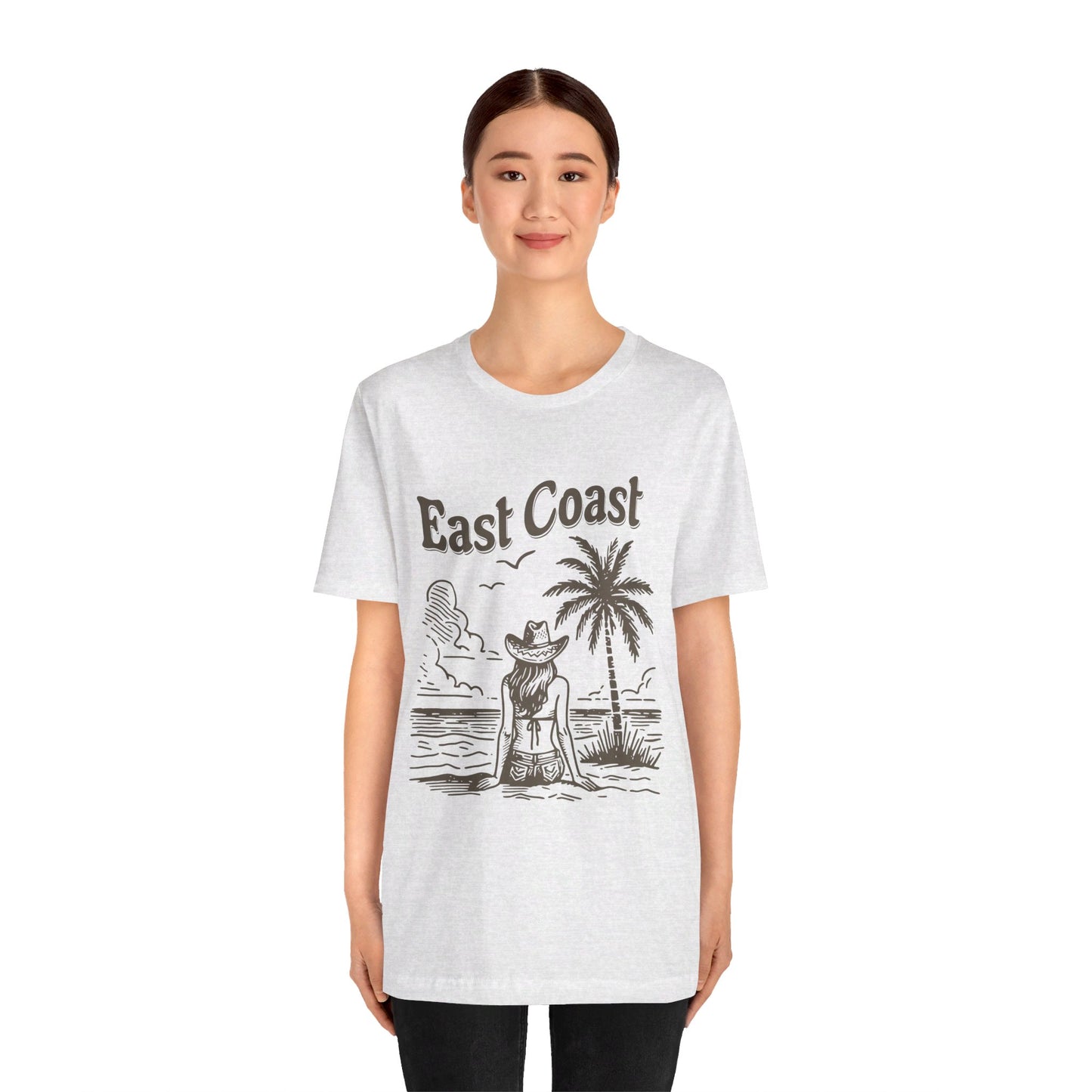 TS-038ML-24 women’s beach sketch shirt beach scene tee for women woman sitting on beach t-shirt beach lover shirt women’s coastal Art graphic tee