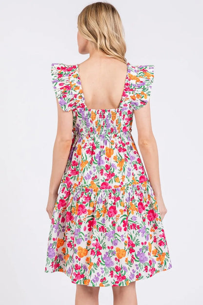 Mittoshop Flower Print Ruffle Shoulder A-line Mini Dress