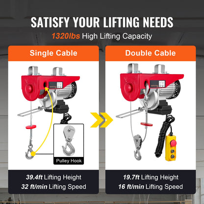 VEVOR Electric Hoist, 1320 Lbs Lifting Capacity, 1150W 110V Electric Steel Wire Winch With 14ft Wired Remote Control, 40ft Single Cable Lifting Height & Pure Copper Motor, For Garage Warehouse Factory