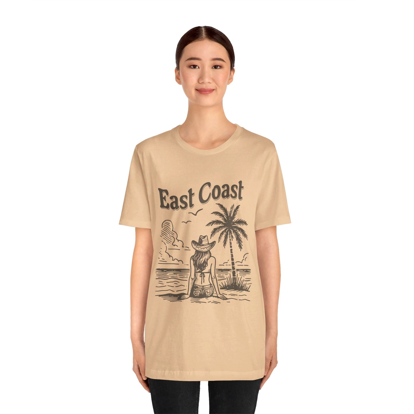 TS-038ML-24 women’s beach sketch shirt beach scene tee for women woman sitting on beach t-shirt beach lover shirt women’s coastal Art graphic tee