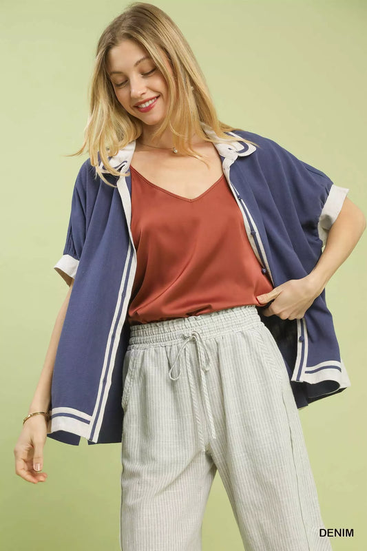 Umgee Linen Button Front Top with Contrast Piping