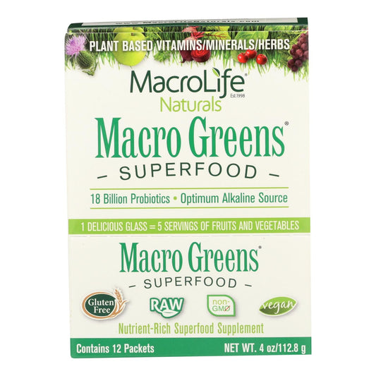 Macrolife Naturals Macro Greens - Superfood Powder Packets, 12 x 4 oz - Vegan Gluten-Free Cleanse