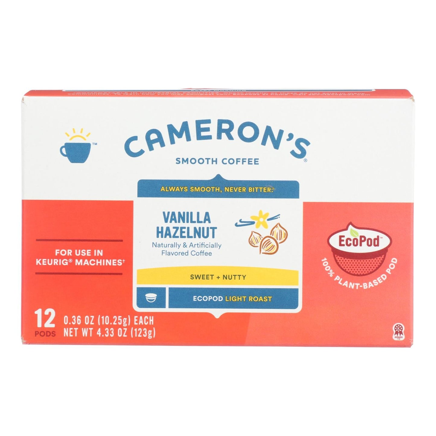 Cameron's Specialty Coffee Vanilla Hazelnut Light Roast Coffee Pods  - Pack of 6 - 12 Ct