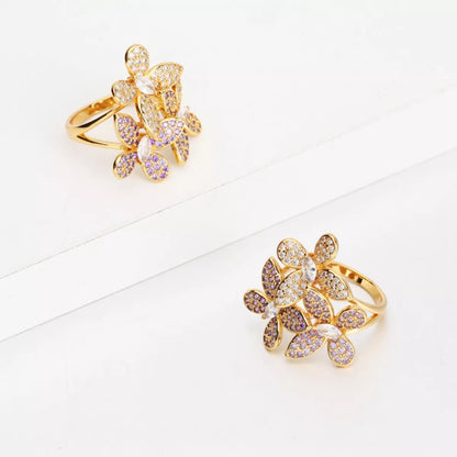 18K Gold-Plated Copper Rhinestone Zircon Flower Ring