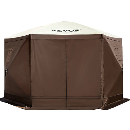 VEVOR Camping Gazebo Screen Tent, 6 Sided Pop Up Canopy Shelter Tent With Mesh Windows, Portable Carry Bag, Stakes, Large Shade Tents For Outdoor Camping, Lawn And Backyard, Brown Beige