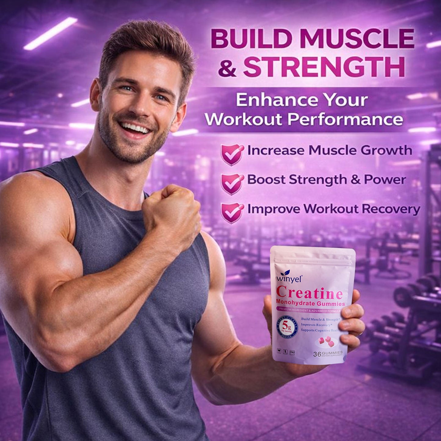 Creatine Monohydrate Gummies, 5 Grams Per Serving, Sugar-free Creatine Gummies, Suitable For Workouts, Strength, Cognitive Health, And Muscle Support, Gluten-free, Berry-enhanced, 36 Gummies.