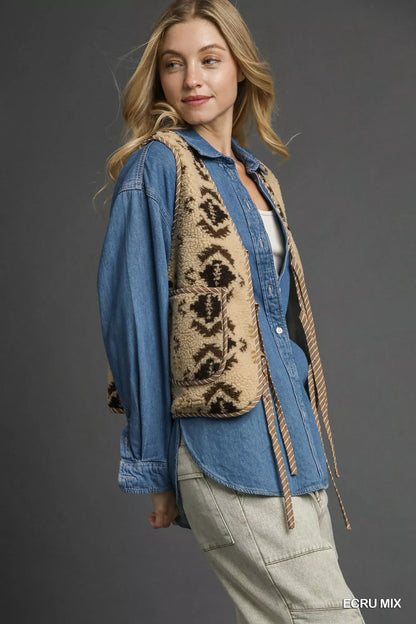 Umgee Mix Patterned Sherpa Tie-Front Vest