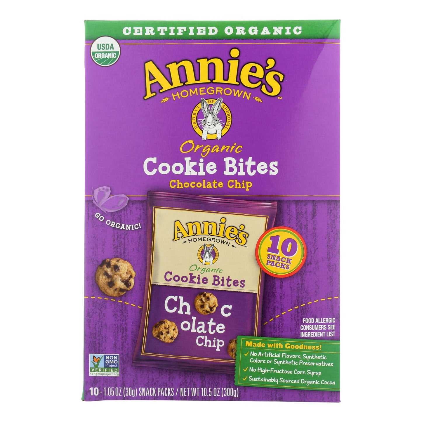 Annie's Homegrown Cookie Bites Chocolate Chip 10- 1.05 - Pack of 6 - 10 Ct