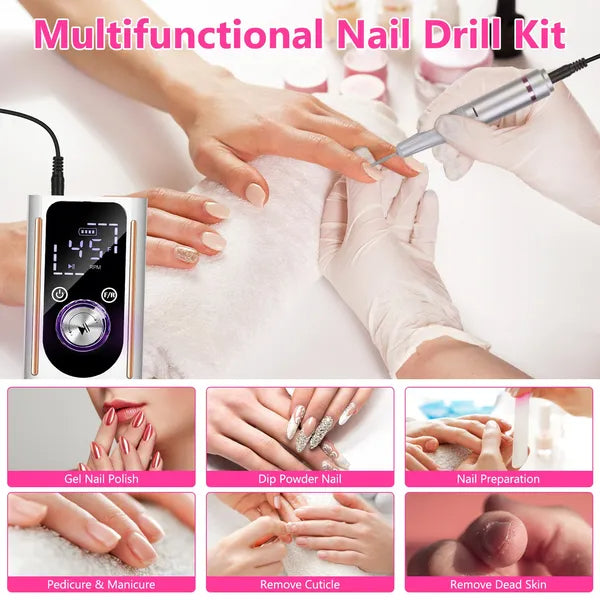 Portable Electric Nail Drill Bit 45000 RPM With 11 Bits Base Waist Clip Cordless Rechargeable Nail File Machine For Professional Salon Home Acrylic Nails Remove Nail Gel Polish Manicure