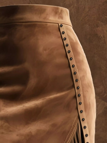 Studded Suede Fringe Midi Skirt
