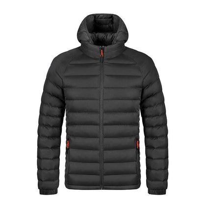 Winter Lightweight Hooded Coat With Pockets Fashion Warm Portable Zipper Jacket For Men Clothing Solid Color Outerwear Tops