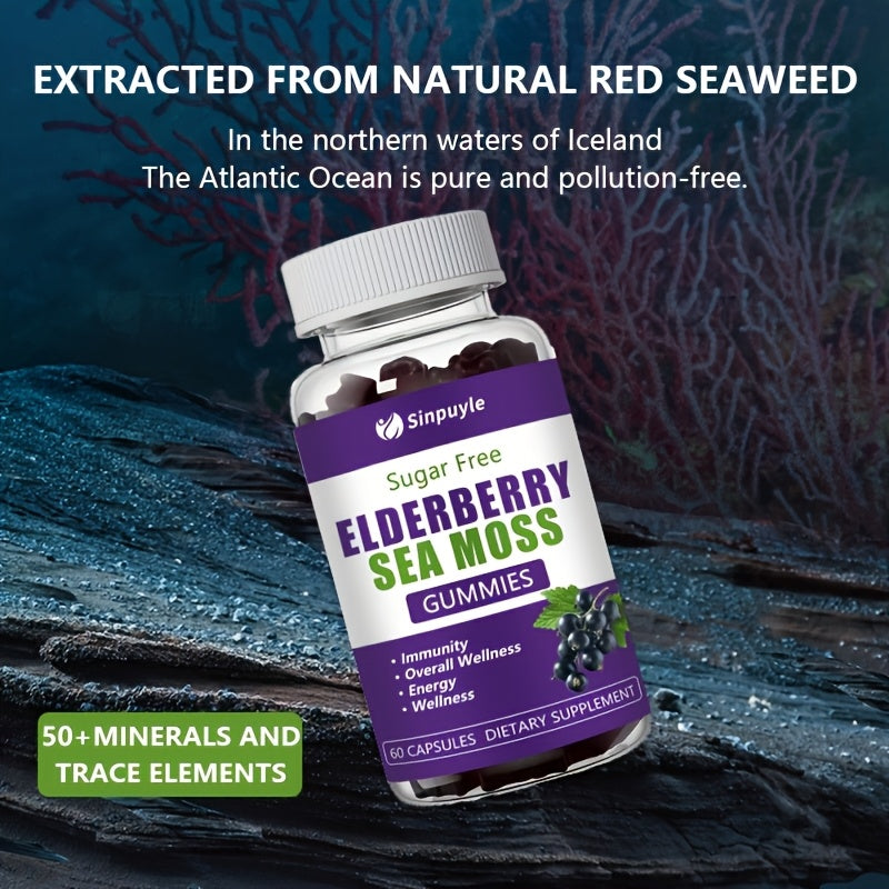 Sugar Free Elderberry Sea Moss Gummies - Immune Support, Daily Wellness & Energy Boost Supplement, 60 Count