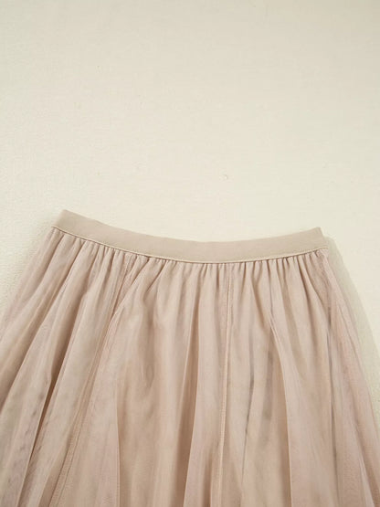 Tulle Mesh Overlay Flared Midi Skirt