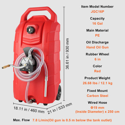 VEVOR 16 Gallon Fuel Caddy, Portable Gas Storage Tank Container With Hand  Rubber Wheels, Fuel Transfer Storage Tank For Gasoline Machine Oil Car Mowers Tractor Boat Motorcycle