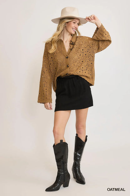Umgee Crochet Button Down Knit Cardigan
