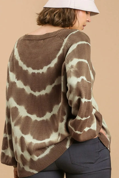 Umgee Full Size Ribbed Hem Tie Dye Round Neck Sweater Plus Size