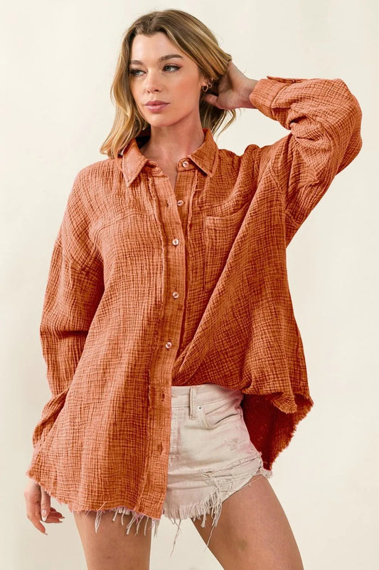 BiBi Raw Edge Detailed Mineral Washed Loose Fit Shirt