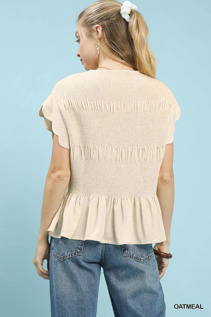 Umgee Linen Blend Smocked Peplum Blouse