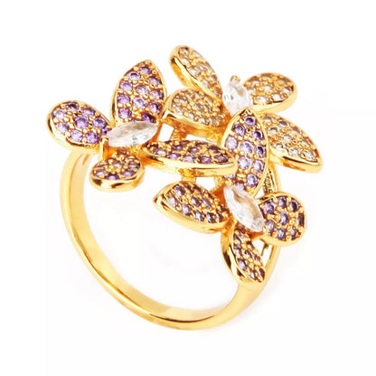 18K Gold-Plated Copper Rhinestone Zircon Flower Ring