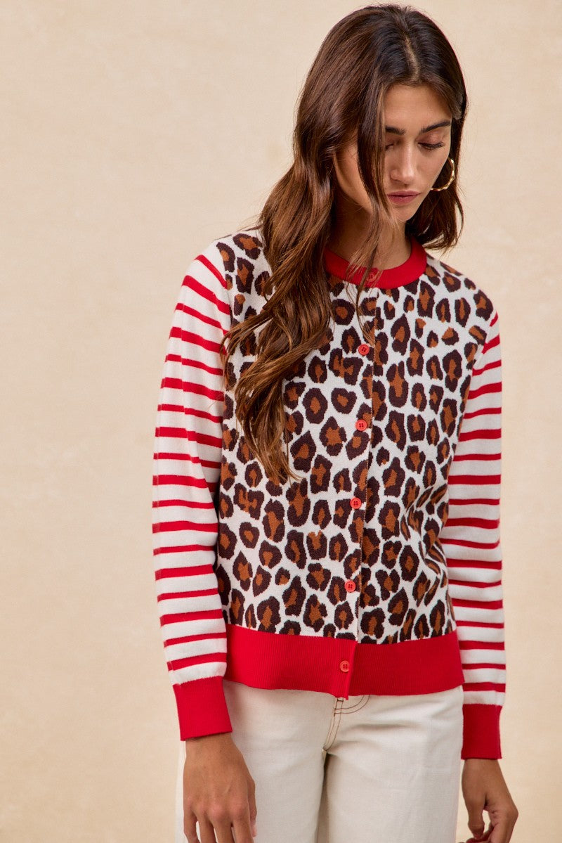 BiBi Leopard With Stripe Combo Buttoned Cardigan