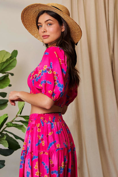 Davi & Dani Smocing Bodice Puff Short Sleeve Printed Crop Top