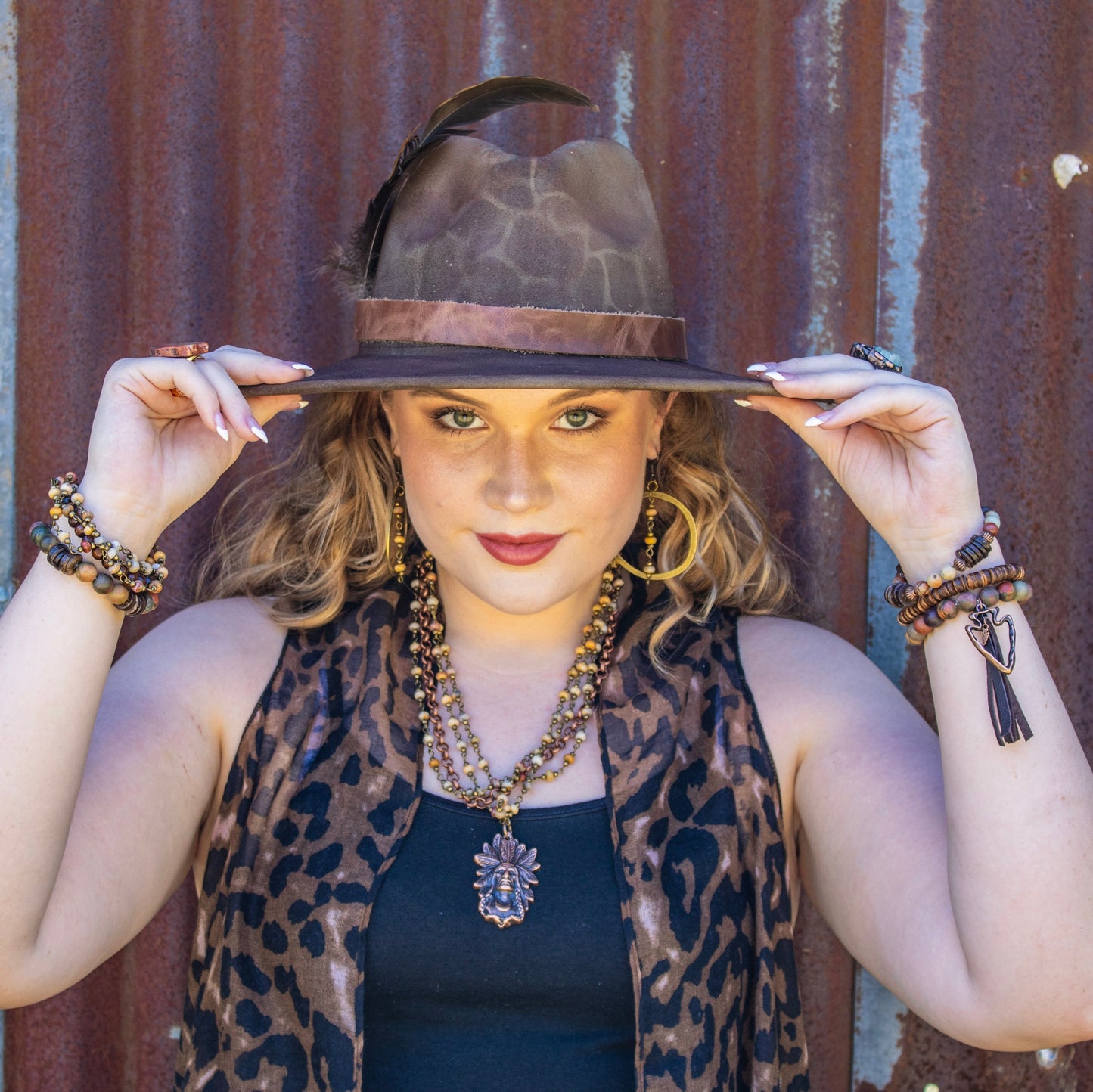 Picasso Jasper Beaded Bracelet w/ Leather Tassel and Arrowhead 810o